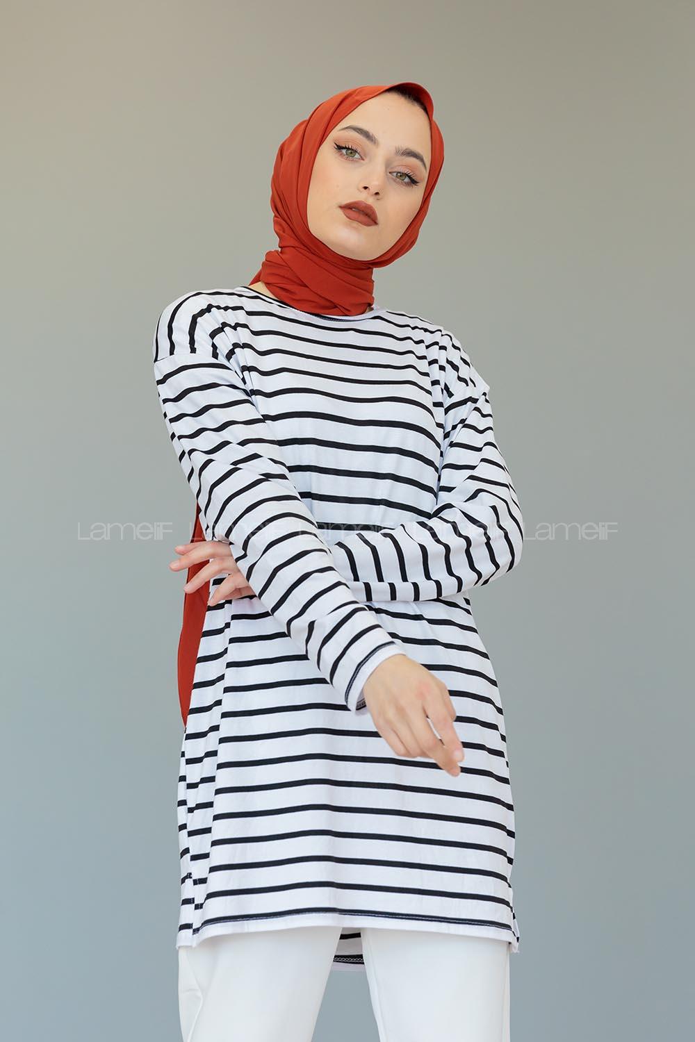 Modalamelif Çizgili Tunik Beyaz Siyah