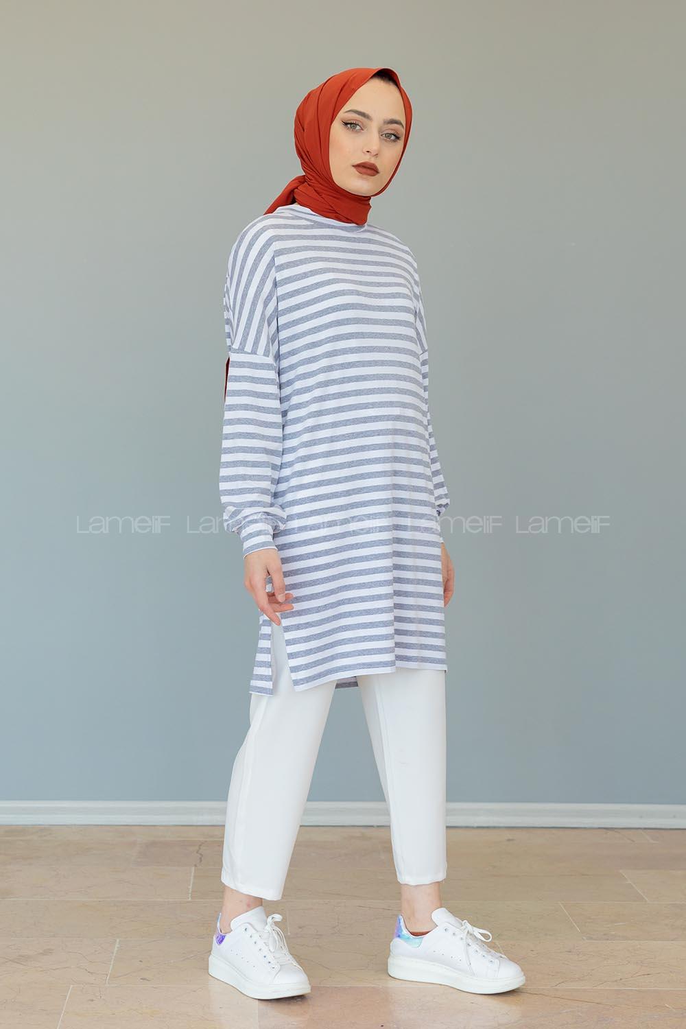 Modalamelif  Çizgili Tunik Gri