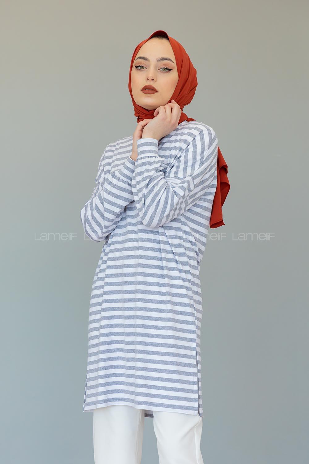 Modalamelif  Çizgili Tunik Gri