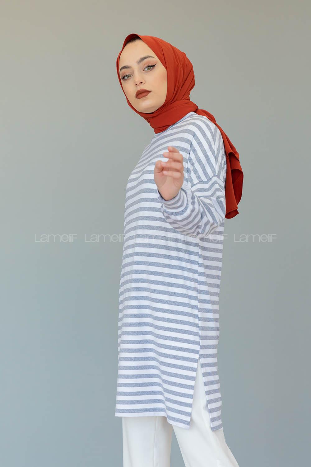 Modalamelif  Çizgili Tunik Gri