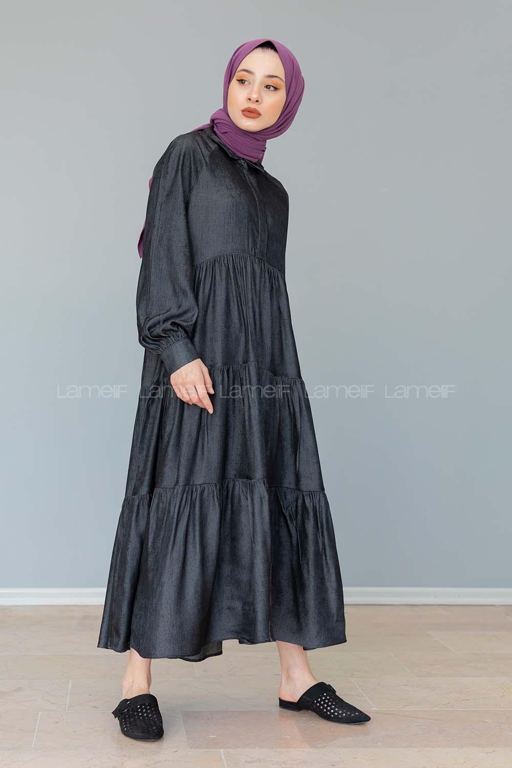 Modalamelif Gömlek Yaka Katlı Elbise Siyah