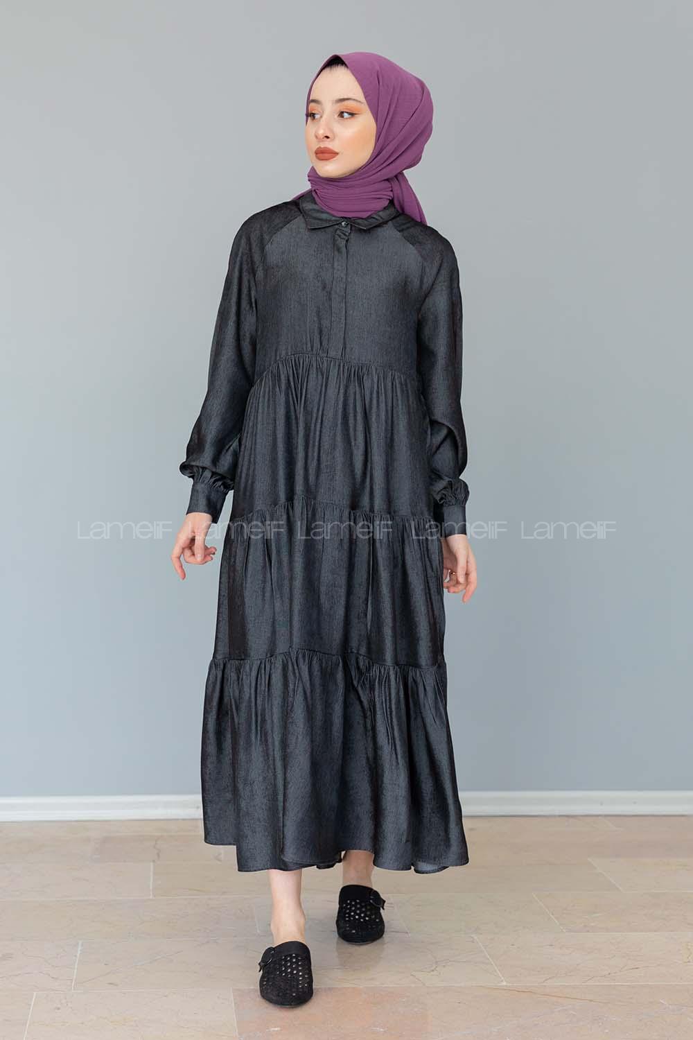 Modalamelif Gömlek Yaka Katlı Elbise Siyah