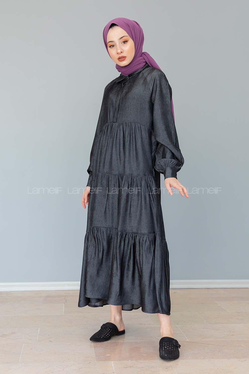 Modalamelif Gömlek Yaka Katlı Elbise Siyah