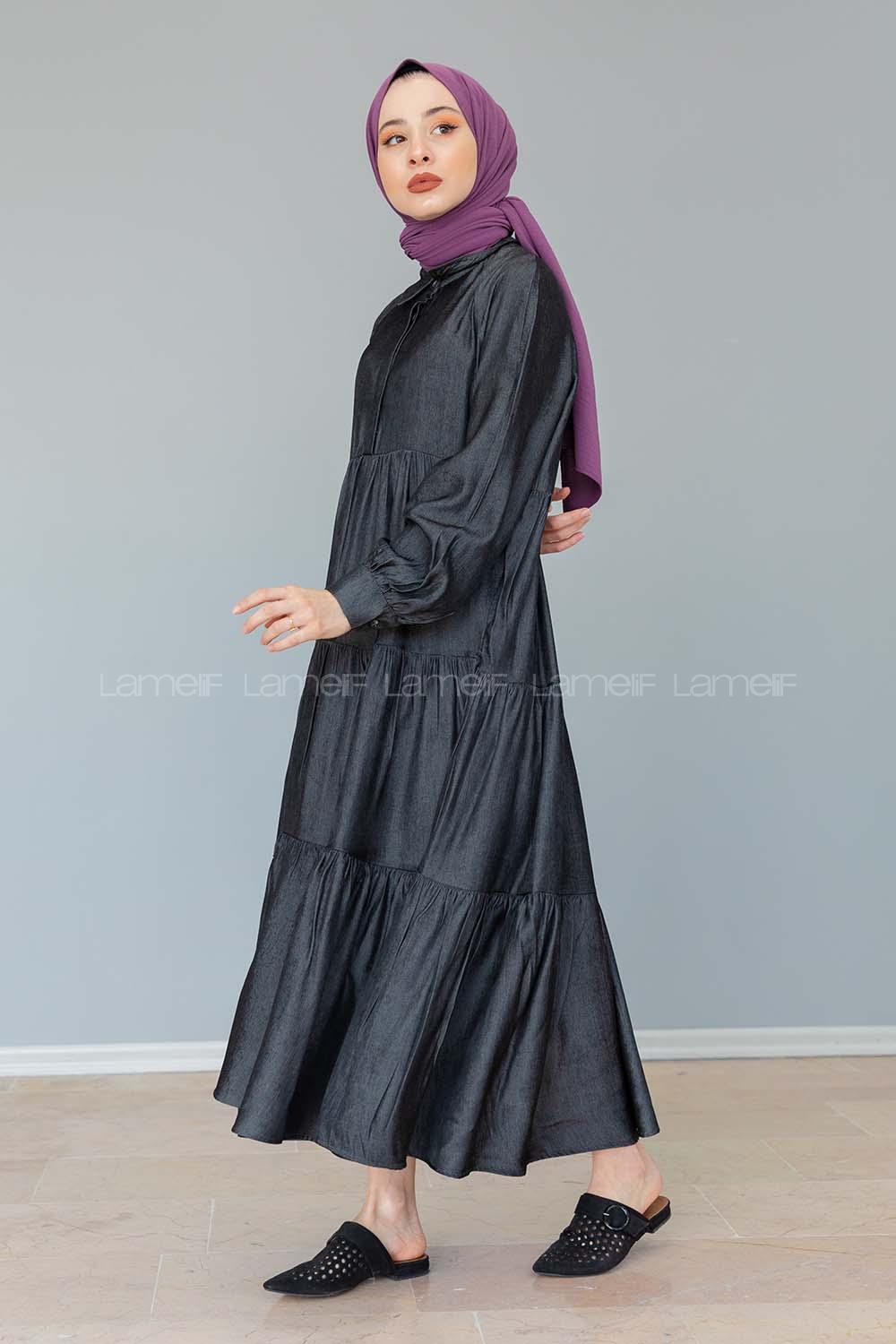 Modalamelif Gömlek Yaka Katlı Elbise Siyah