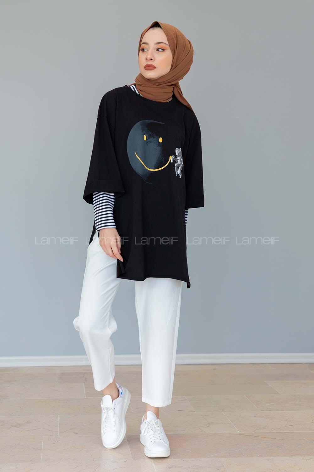 Modalamelif Gülen Yüz Astronot T-shirt Siyah