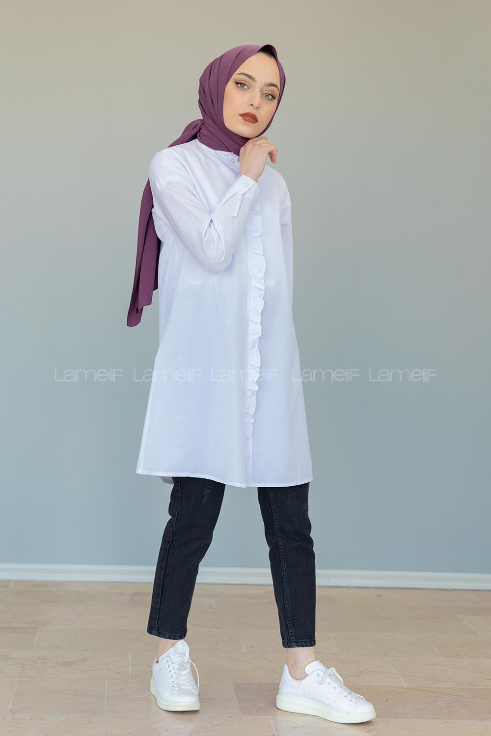 Modalamelif Hakim Yaka Fırfırlı Tunik Beyaz