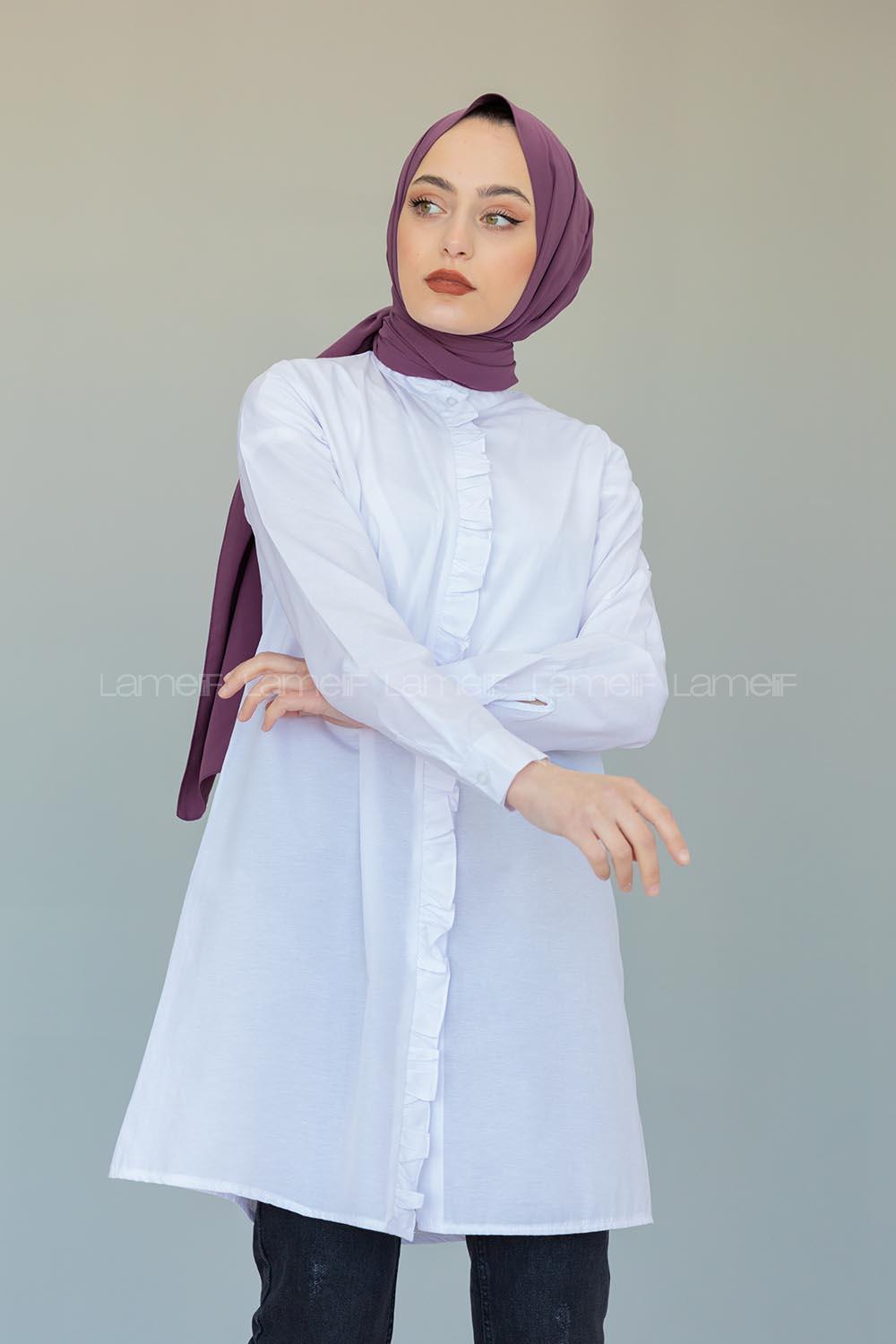 Modalamelif Hakim Yaka Fırfırlı Tunik Beyaz