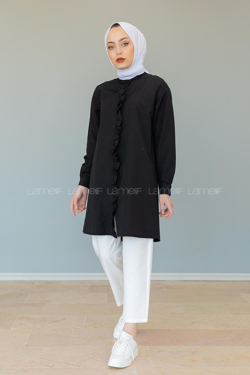 Modalamelif Hakim Yaka Fırfırlı Tunik Siyah