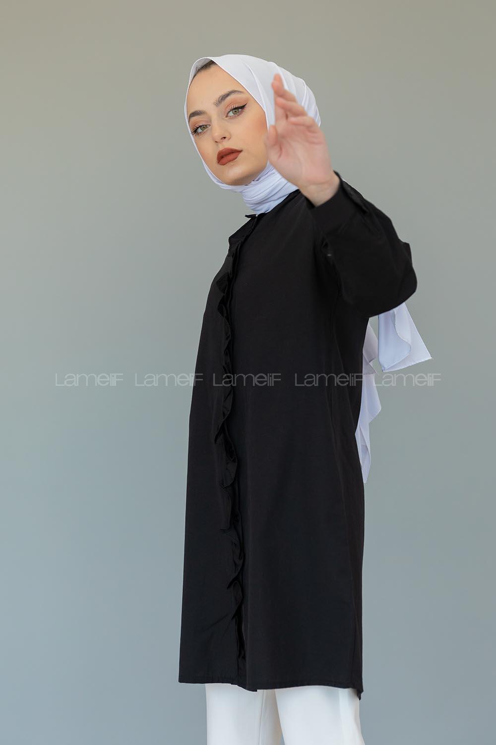 Modalamelif Hakim Yaka Fırfırlı Tunik Siyah