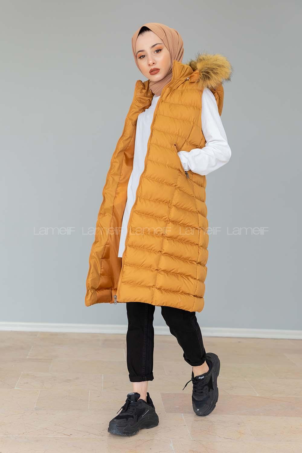 Modalamelif Kapşonlu Uzun Şişme Yelek Hardal Sarısı