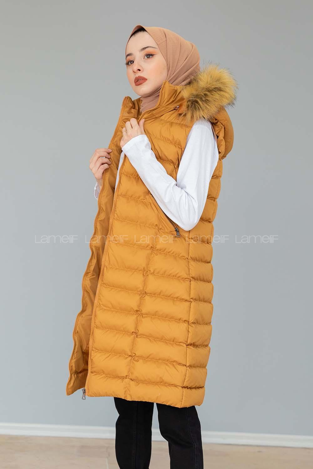 Modalamelif Kapşonlu Uzun Şişme Yelek Hardal Sarısı