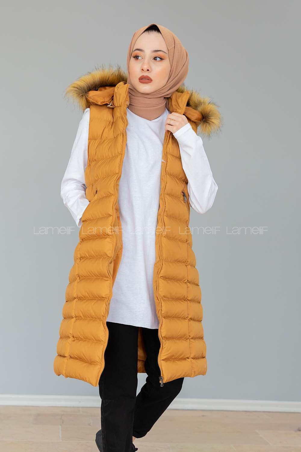 Modalamelif Kapşonlu Uzun Şişme Yelek Hardal Sarısı