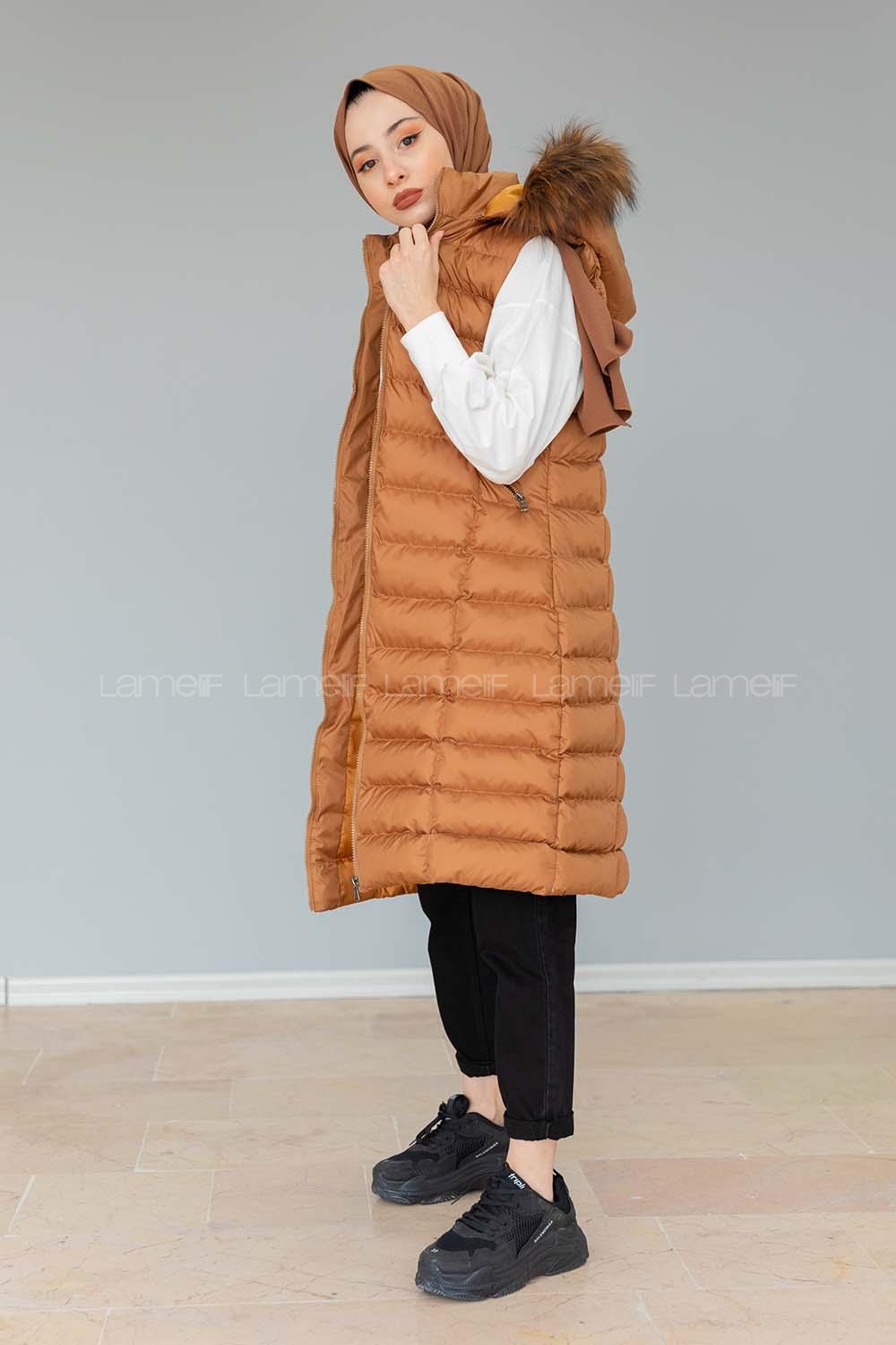 Modalamelif Kapşonlu Uzun Şişme Yelek Taba