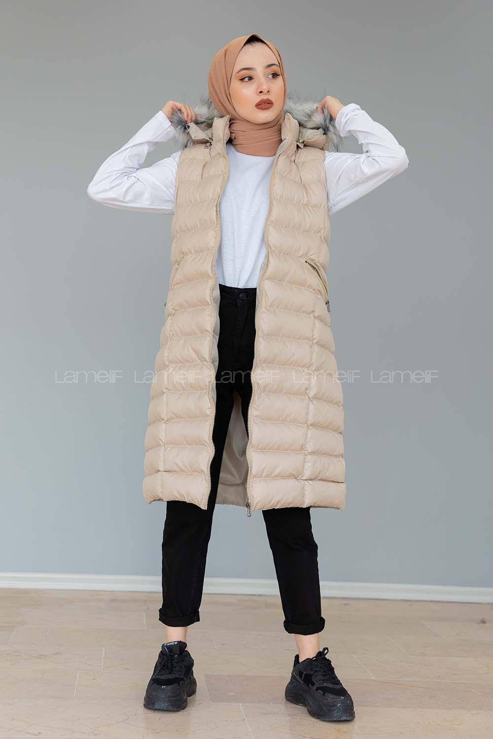 Modalamelif Kapşonlu Uzun Şişme Yelek Taş Rengi