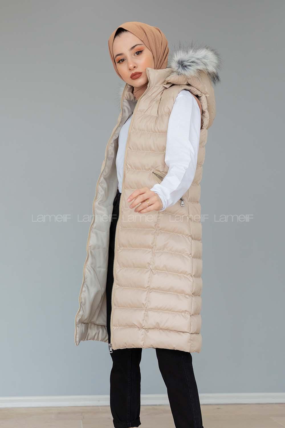 Modalamelif Kapşonlu Uzun Şişme Yelek Taş Rengi