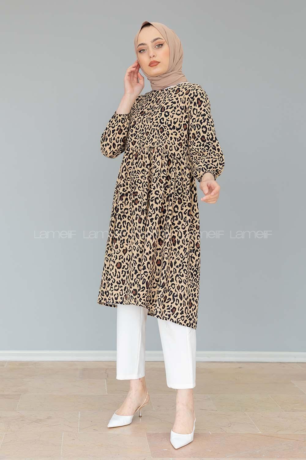 Modalamelif Leopar Desen Tunik Bej