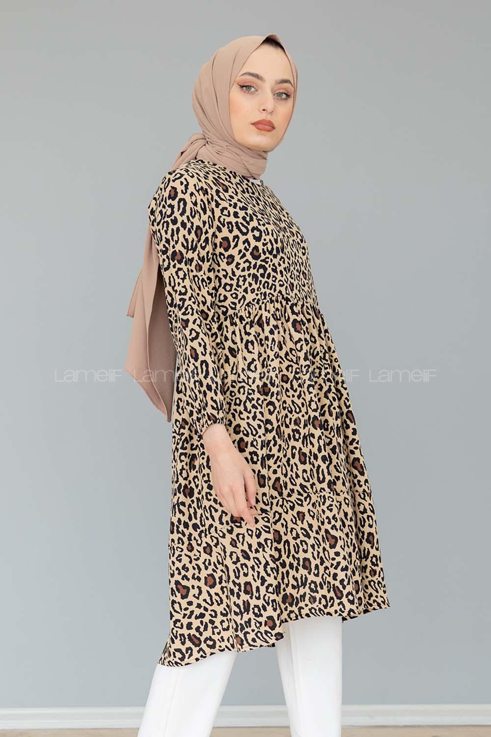 Modalamelif Leopar Desen Tunik Bej