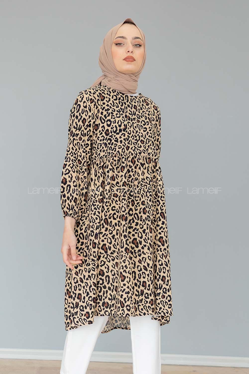 Modalamelif Leopar Desen Tunik Bej