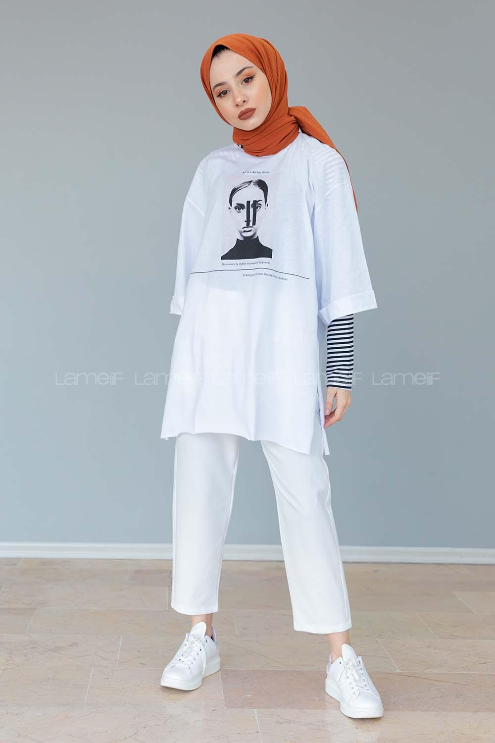 Modalamelif Önü Baskılı T-shirt Beyaz