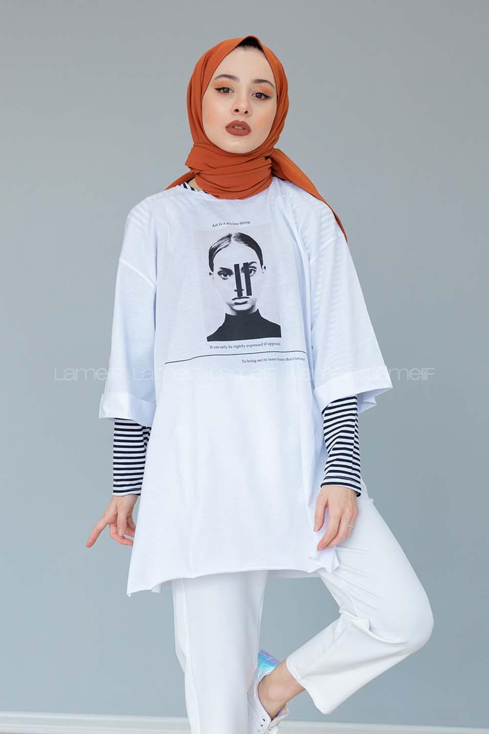 Modalamelif Önü Baskılı T-shirt Beyaz