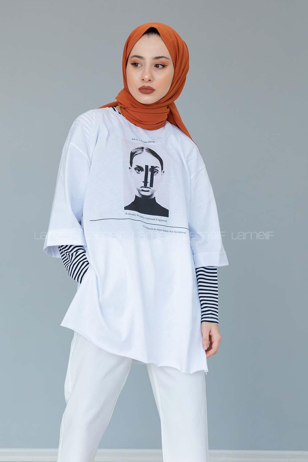 Modalamelif Önü Baskılı T-shirt Beyaz