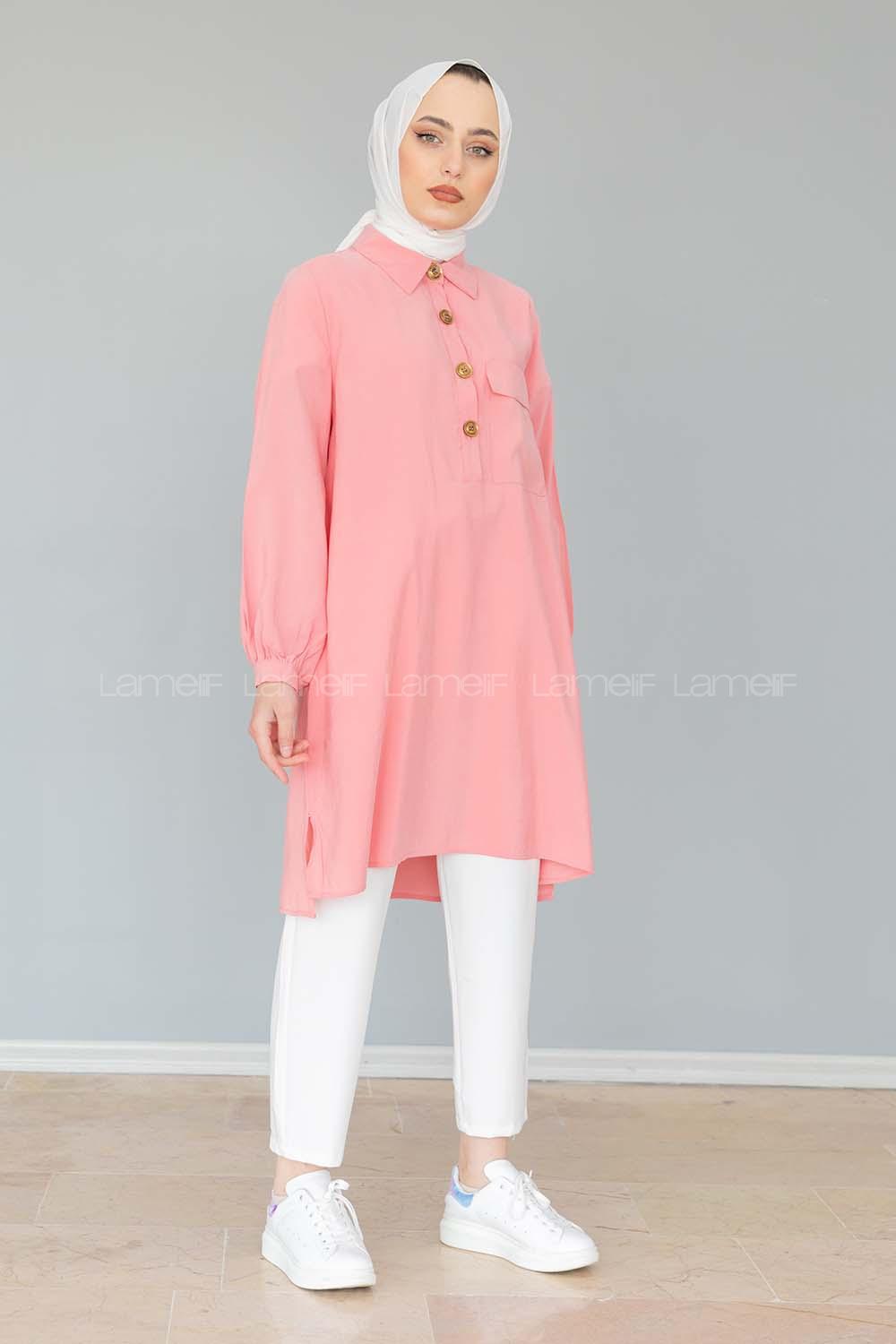 Modalamelif Önü Yarım Düğmeli Tunik Gömlek Pudra
