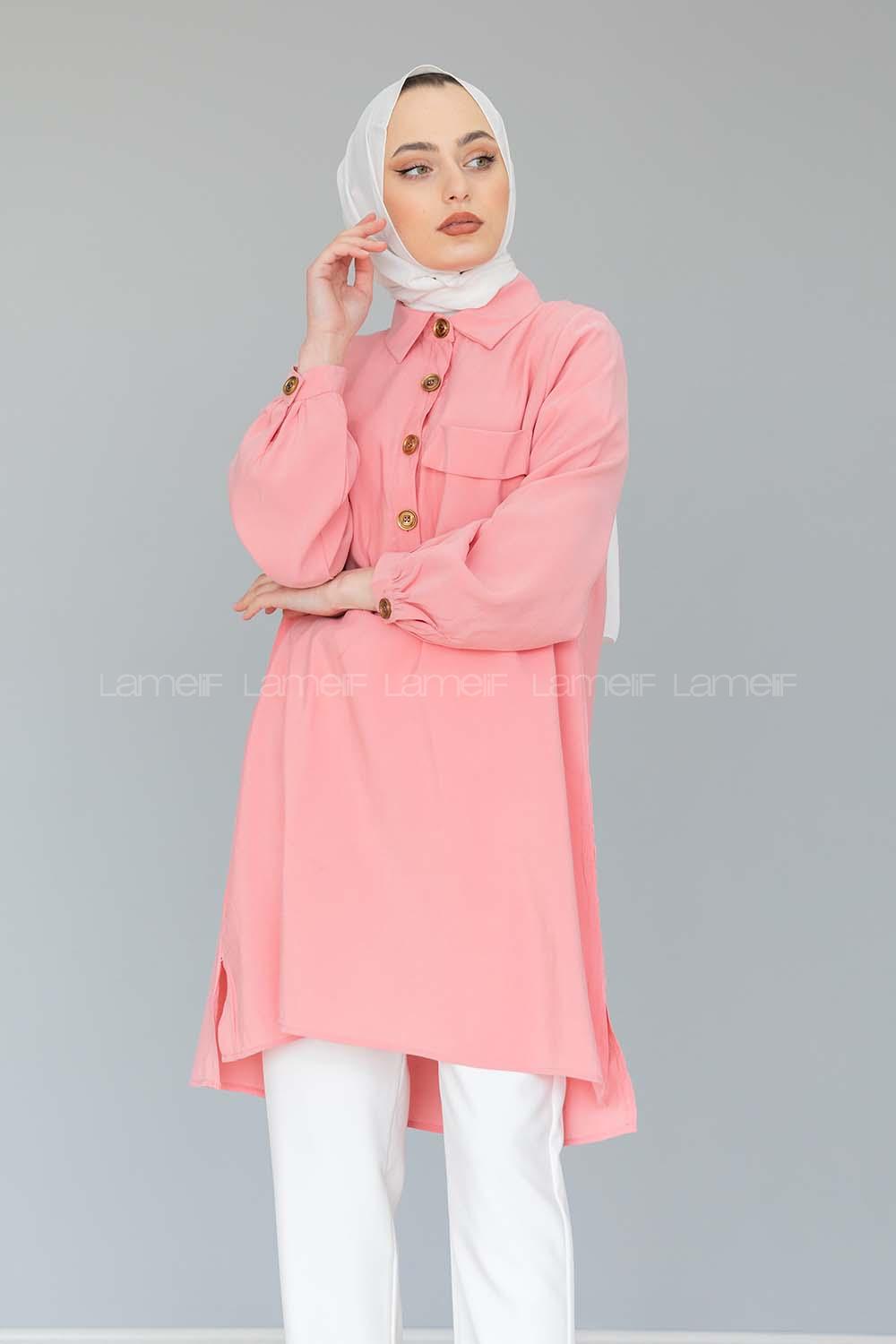 Modalamelif Önü Yarım Düğmeli Tunik Gömlek Pudra