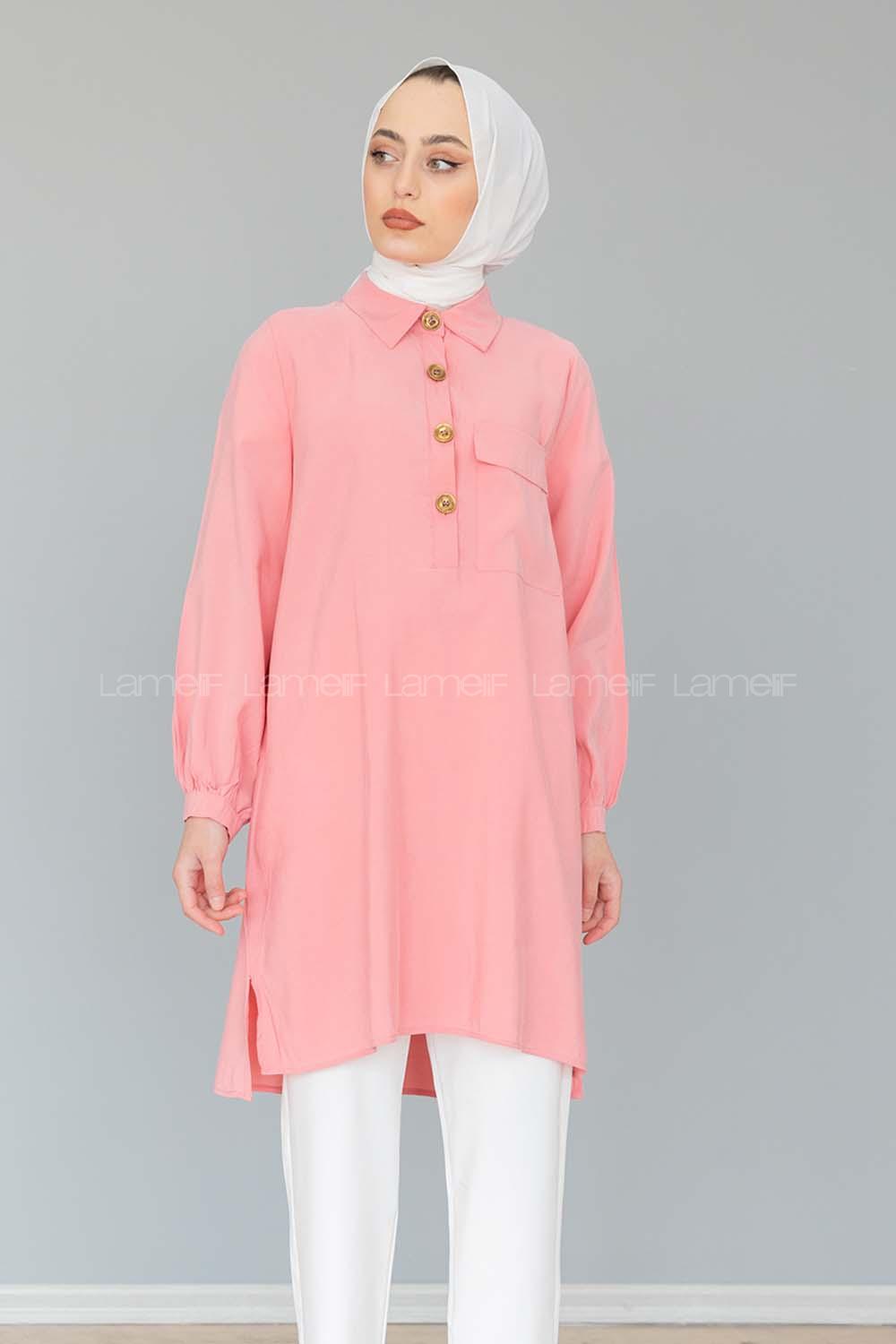 Modalamelif Önü Yarım Düğmeli Tunik Gömlek Pudra