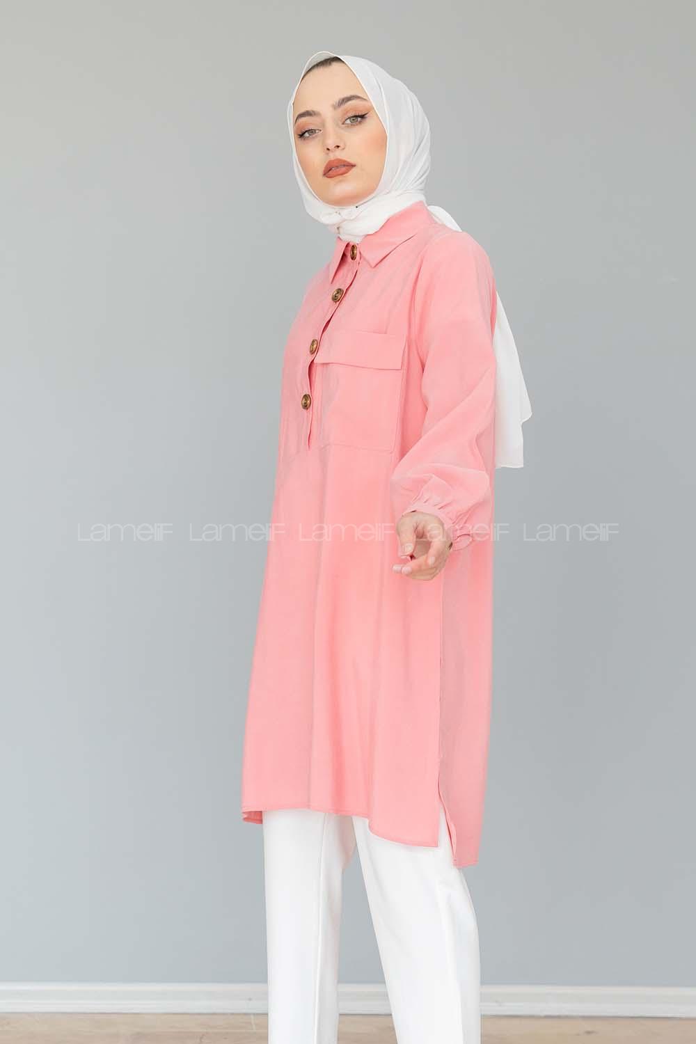 Modalamelif Önü Yarım Düğmeli Tunik Gömlek Pudra
