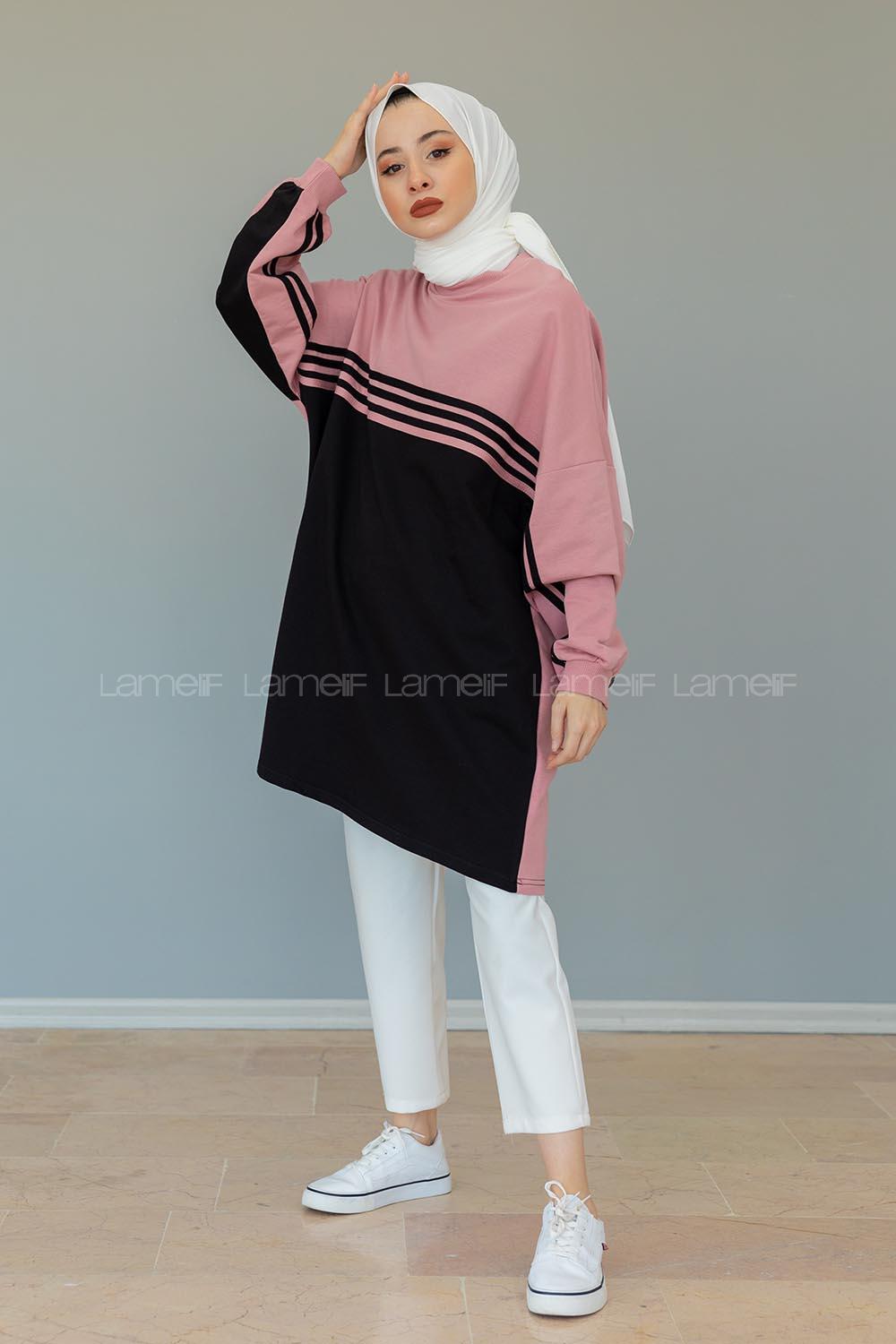 Modalamelif Şerit Çizgili Tunik Pudra