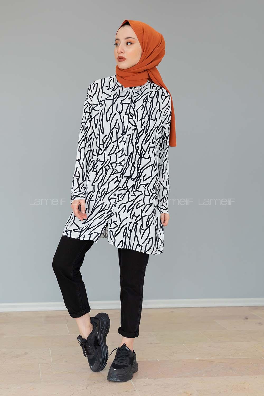 Modalamelif Soyut Desen Gömlek Beyaz