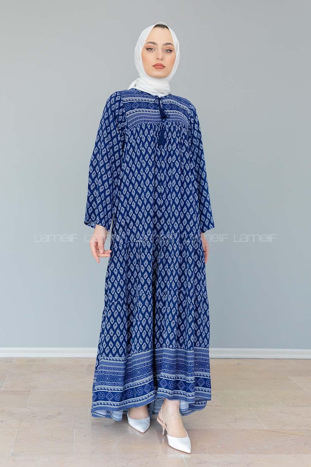 Modalamelif Yaka Bağlamalı  Desenli  Elbise Lacivert