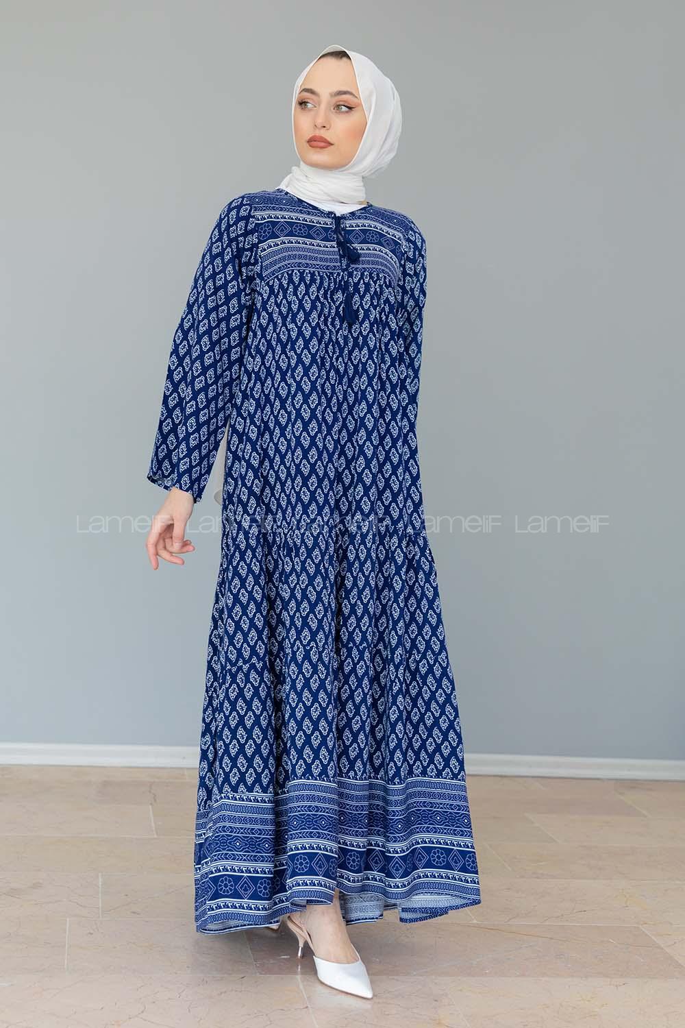 Modalamelif Yaka Bağlamalı  Desenli  Elbise Lacivert