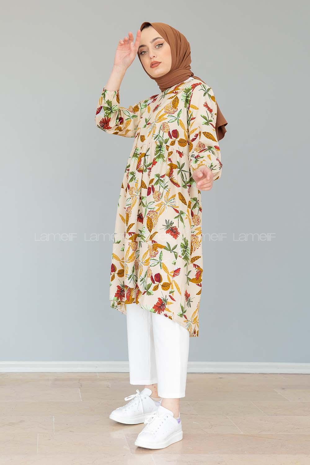 Modalamelif Yaprak Desen Tunik Bej