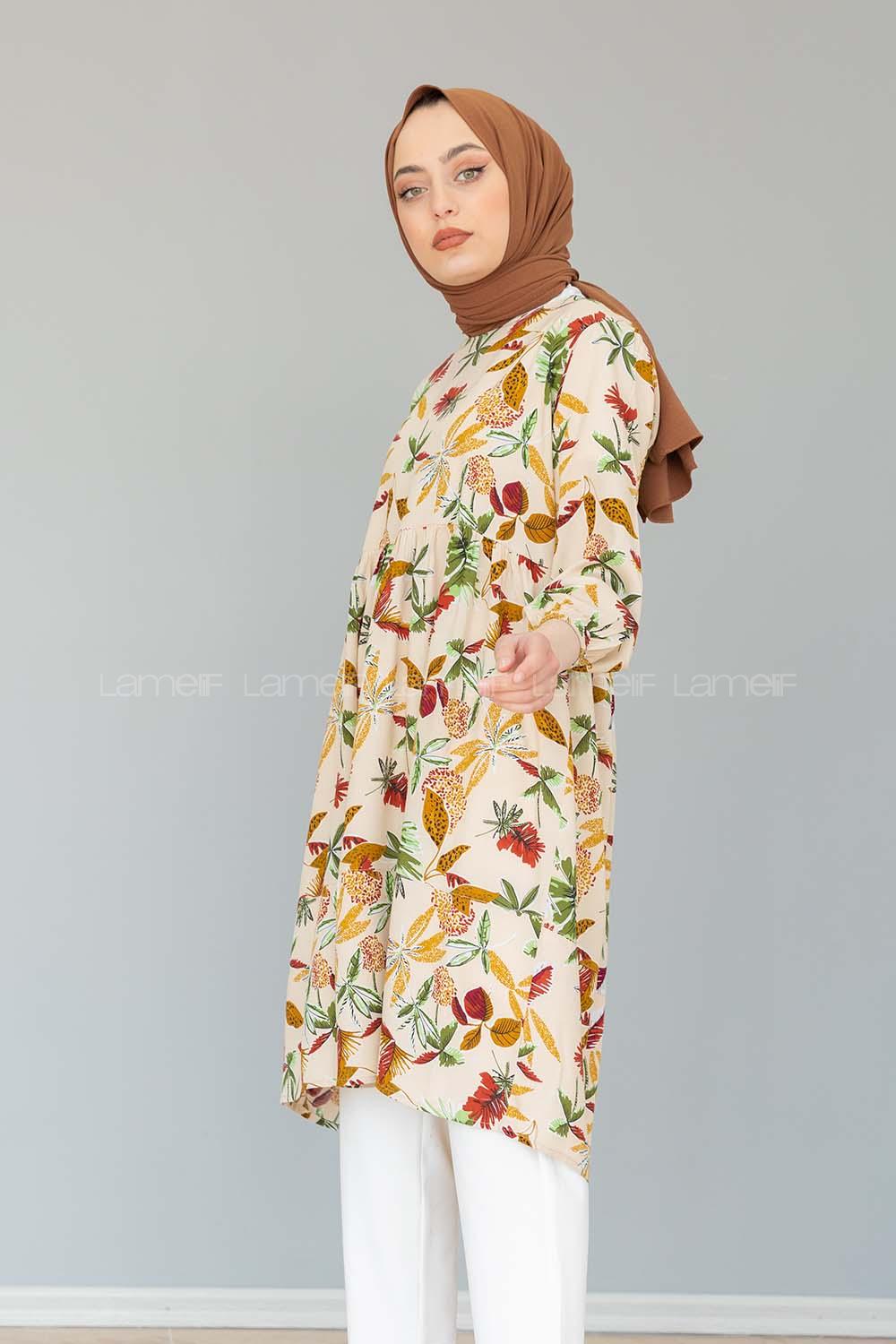 Modalamelif Yaprak Desen Tunik Bej
