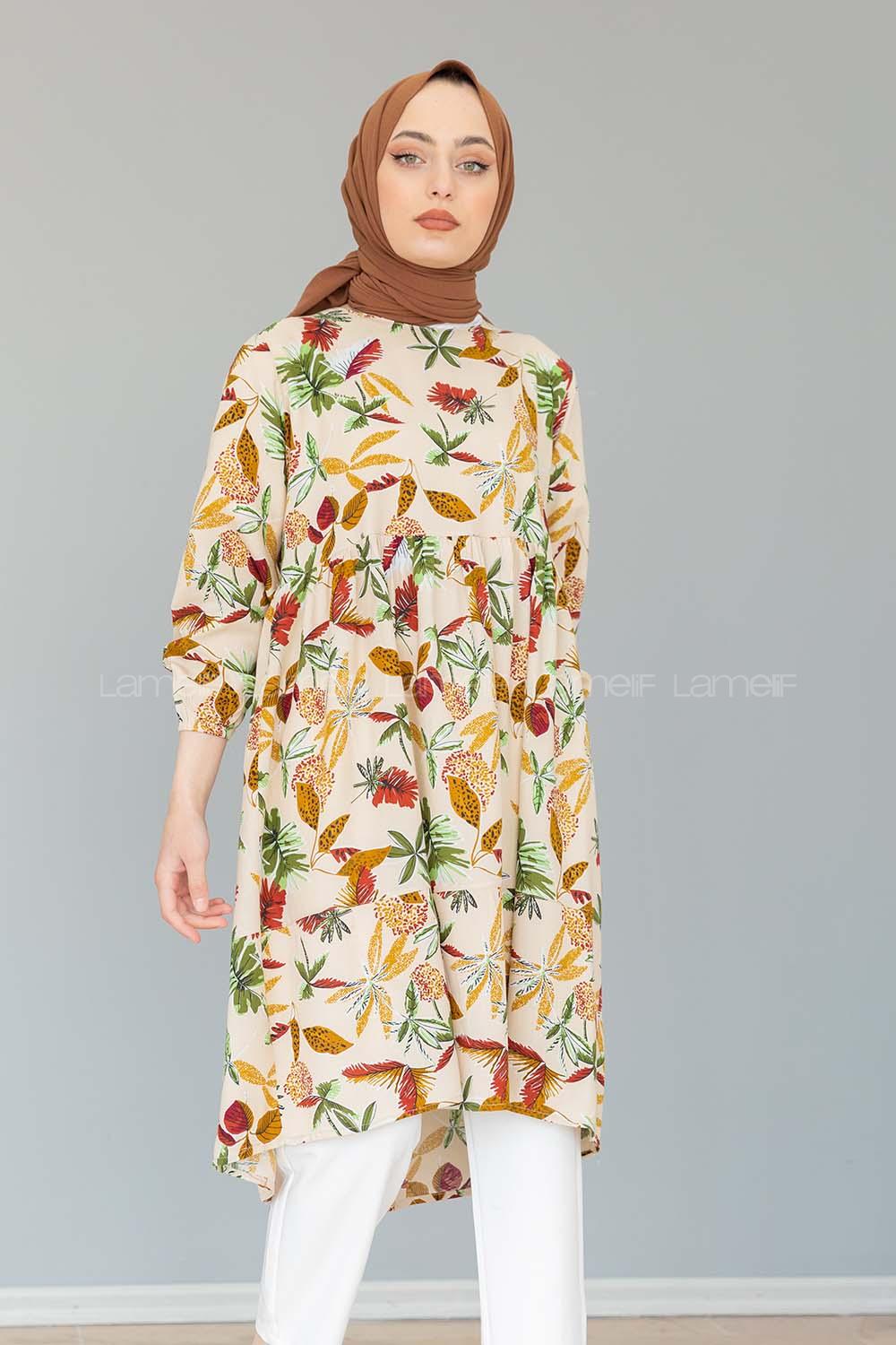 Modalamelif Yaprak Desen Tunik Bej