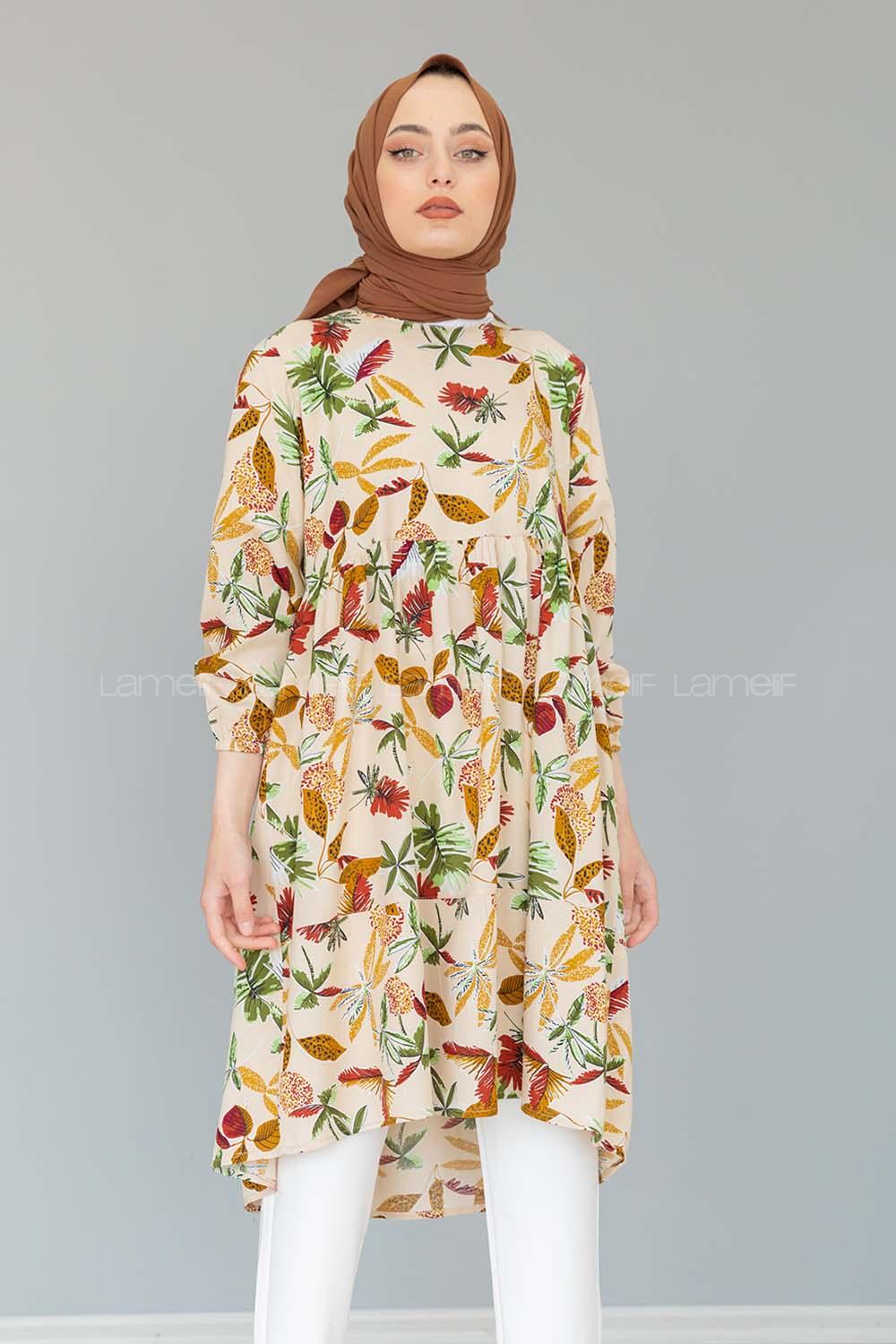 Modalamelif Yaprak Desen Tunik Bej
