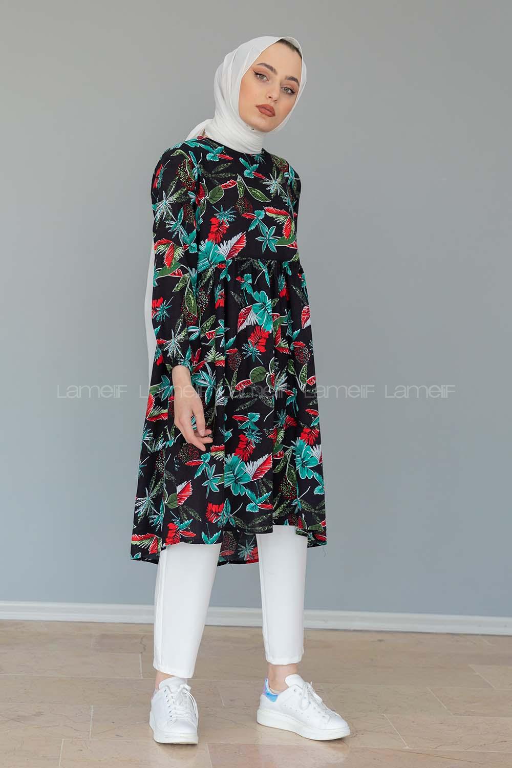 Modalamelif Yaprak Desen Tunik Siyah