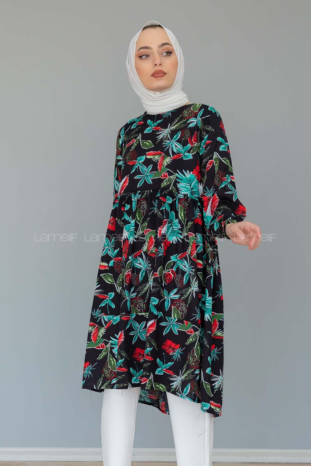 Modalamelif Yaprak Desen Tunik Siyah