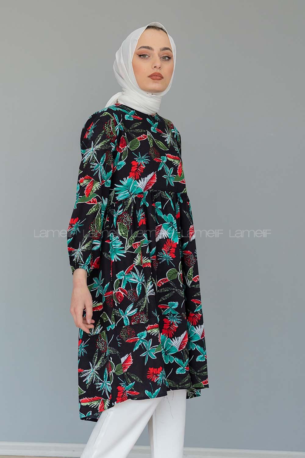 Modalamelif Yaprak Desen Tunik Siyah