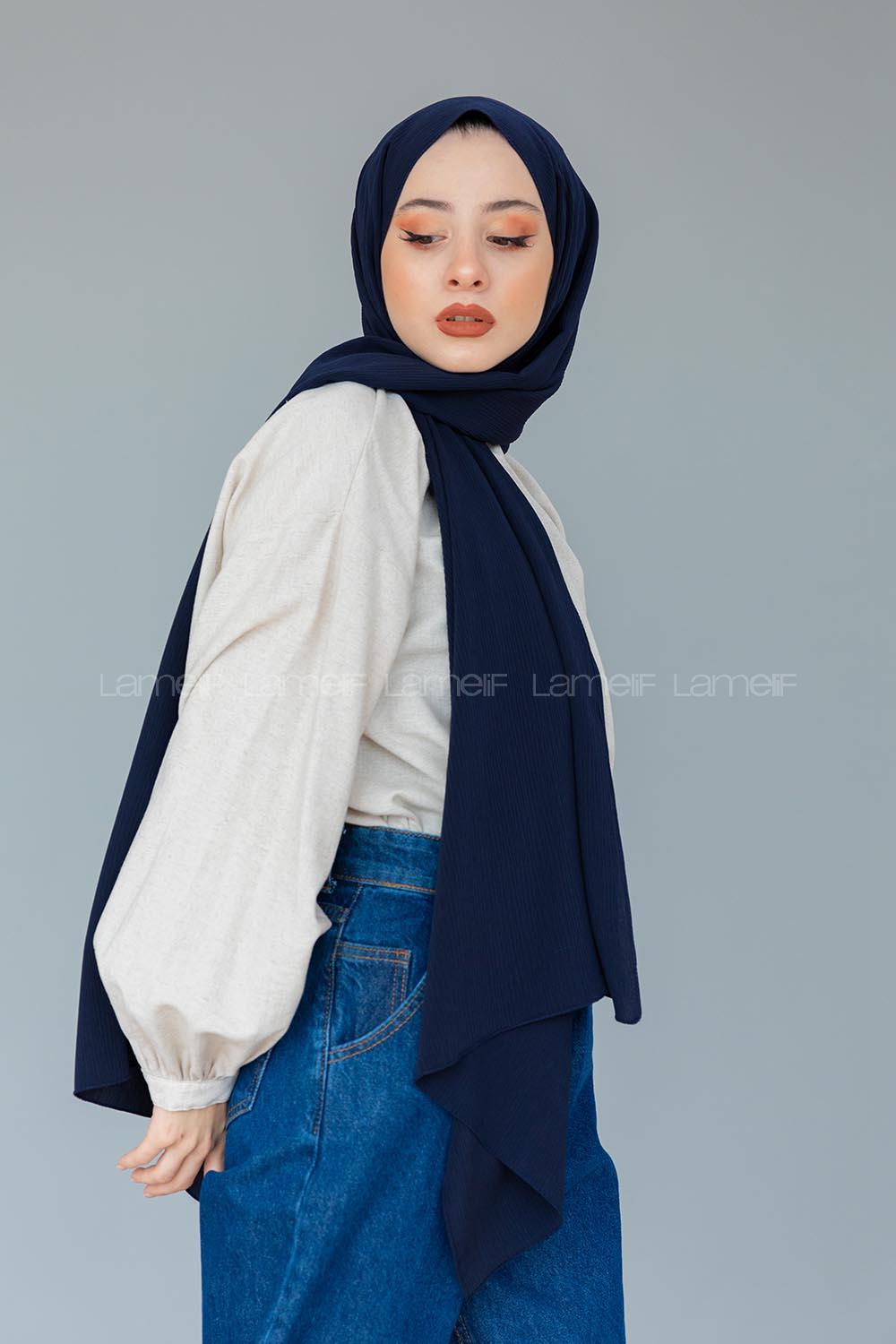 Modalamelif Lacivert Krinkıl Medine İpeği Şal