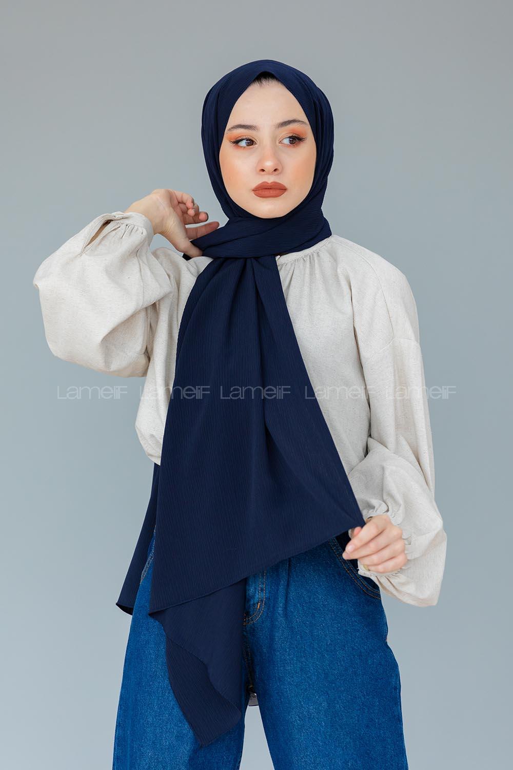 Modalamelif Lacivert Krinkıl Medine İpeği Şal