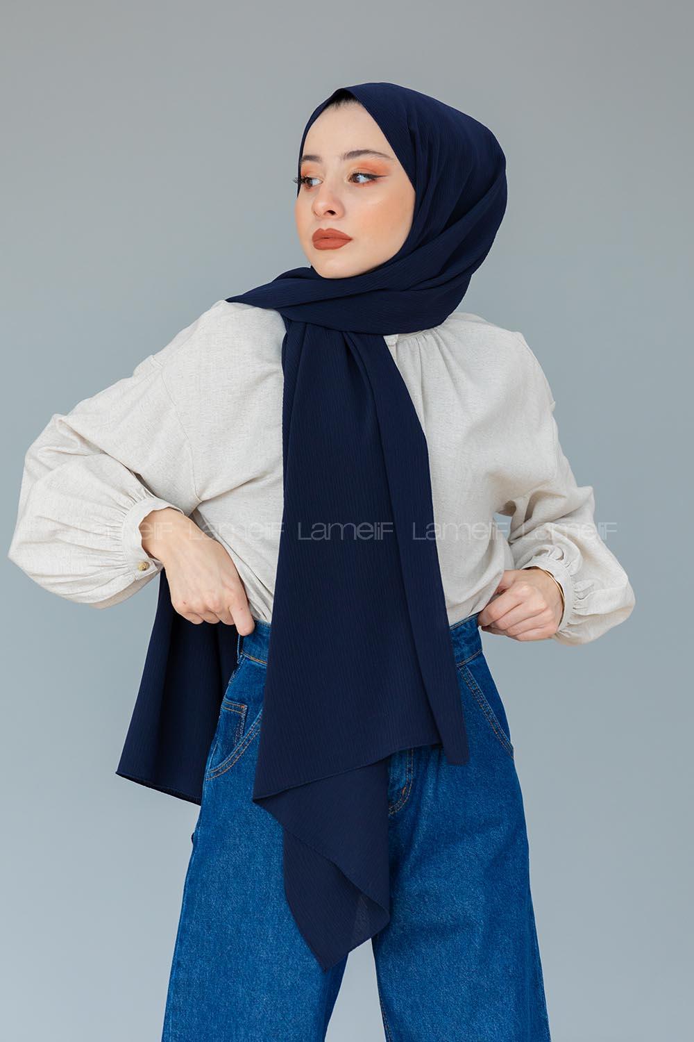 Modalamelif Lacivert Krinkıl Medine İpeği Şal