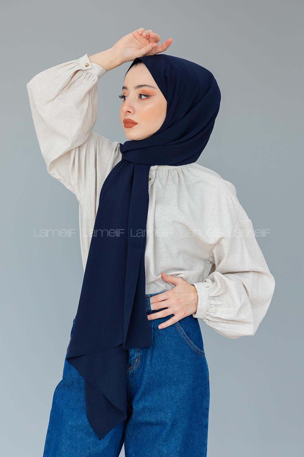 Modalamelif Lacivert Krinkıl Medine İpeği Şal