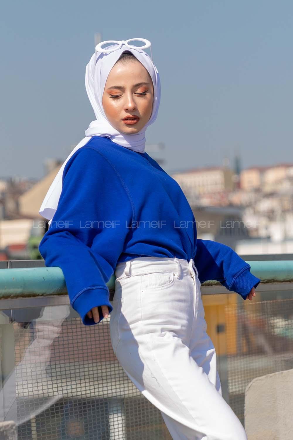 Modalamelif Balon Kol Sweatshirt Saks Mavisi