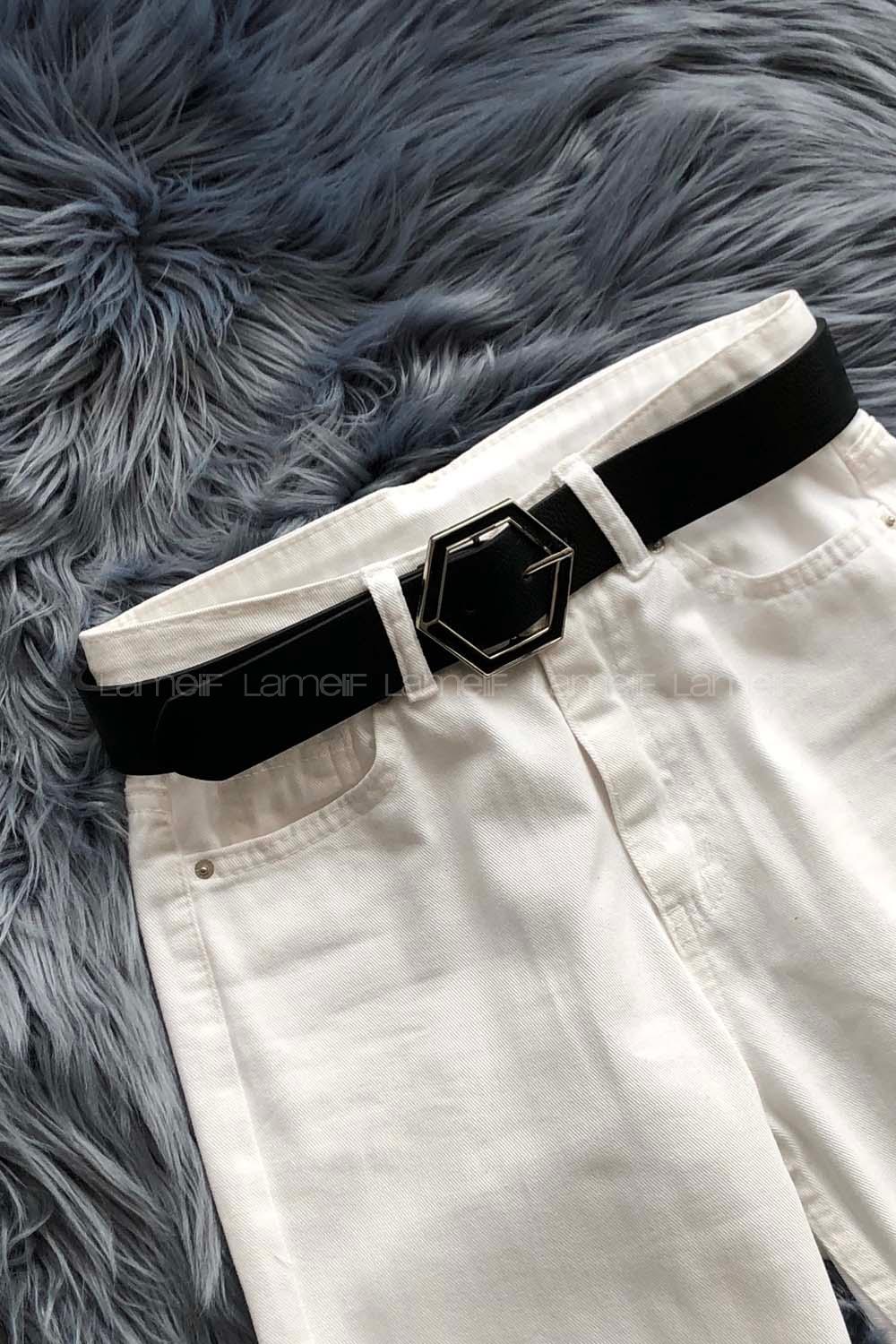 Modalamelif Altıgen Tokalı Gümüş Kemer Siyah