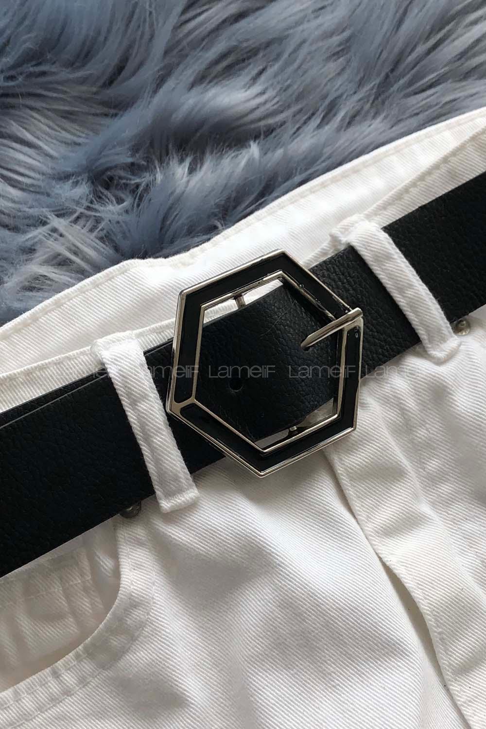 Modalamelif Altıgen Tokalı Gümüş Kemer Siyah