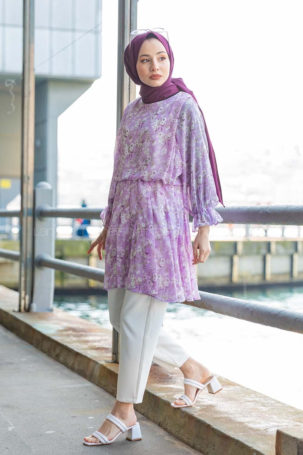 Modalamelif Çiçek Desenli  Tunik Lila