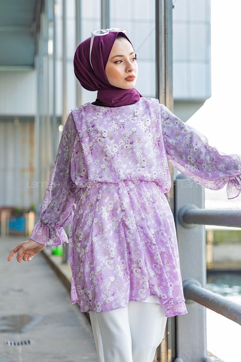 Modalamelif Çiçek Desenli  Tunik Lila