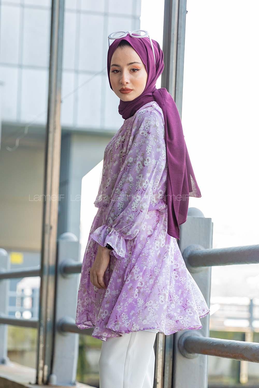 Modalamelif Çiçek Desenli  Tunik Lila